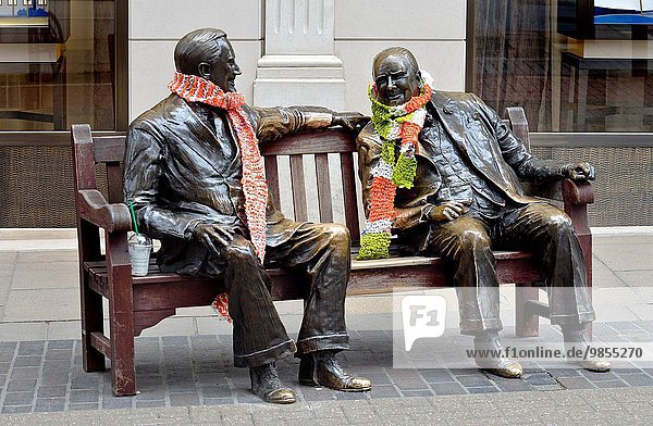 London England UK. Bronze Statue in Old Bond Street - ´Allies´ (Lawrence Holofcener - 1995) Winston Churchill and Franklin D Roosevelt on a bench.