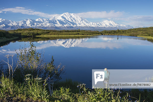 Woman standing at the edge of Reflection Pond and enjoying the view of Mt. McKinley and the Alaska Range  Denali National Park  Interior Alaska  Spring