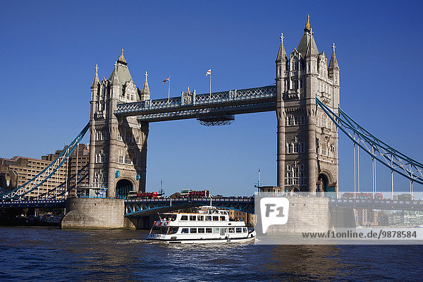 'Tower Bridge and river boat; London  England'