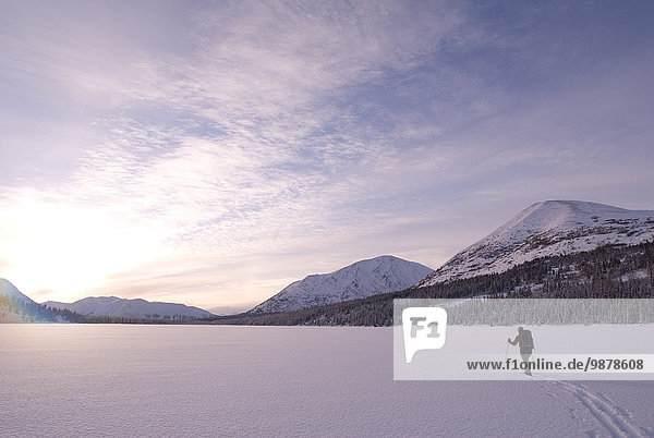 Landschaftlich schön landschaftlich reizvoll Frau Berg Winter Fröhlichkeit Ski Tischset folgen See Süden Kenai-Fjords-Nationalpark Sonne