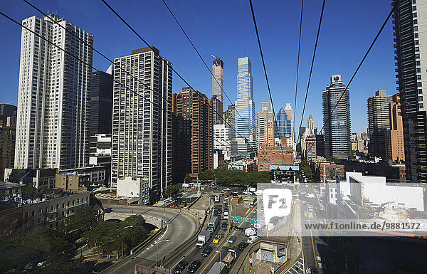 'View from Roosevelt Island tram looking back towards Manhattan; New York City  New York  United States of America'