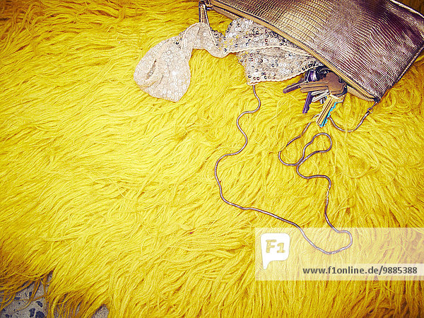 Handtasche und Hausschlüssel auf gelbem Fellteppich