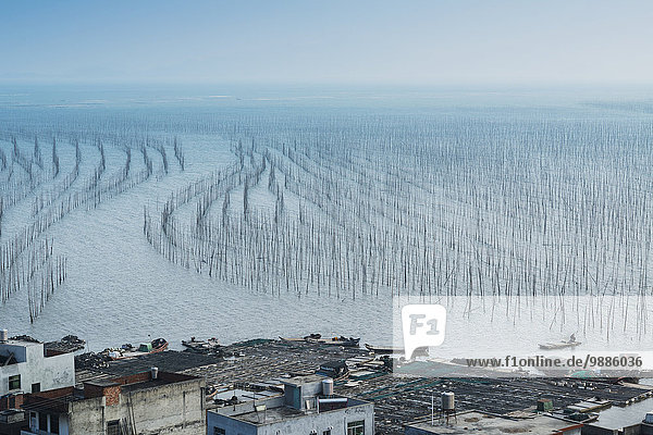 Wasser Gebäude hängen Produktion trocken Dorf Netz angeln China Fujian