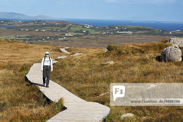 Female hiker walking along a boardwalk over grassy bog land with the bay in the far distance; Letterfrack  County Galway  Ireland