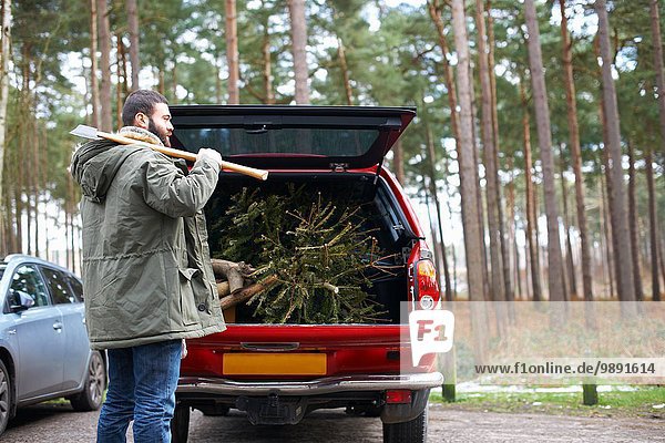 Young man with axe and chopped Christmas tree in car boot