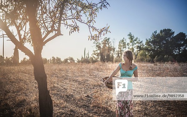 Reife Frau hält Korb im Obstgarten