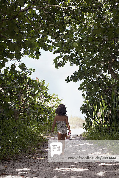 Rückansicht des Mädchens in Badeanzug auf dem Waldstrandweg  Anna Maria Island  Florida  USA