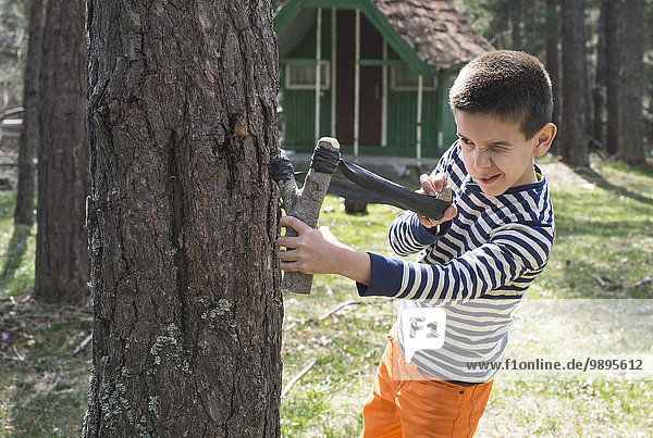 Junge mit Schleuder versteckt hinter Baumstamm