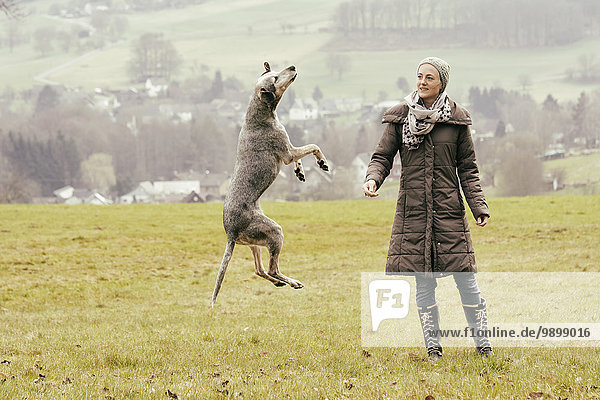 Woman exercising with dog on meadow