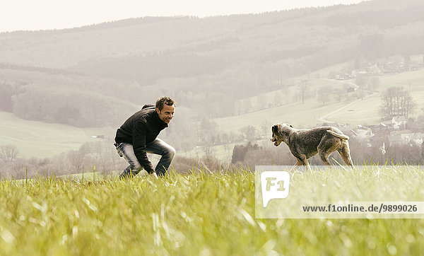 Mann trainiert mit Hund auf der Wiese