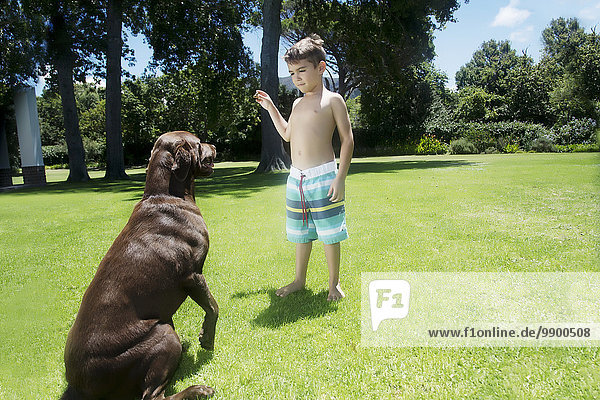 Junge spielt mit Hund im Garten