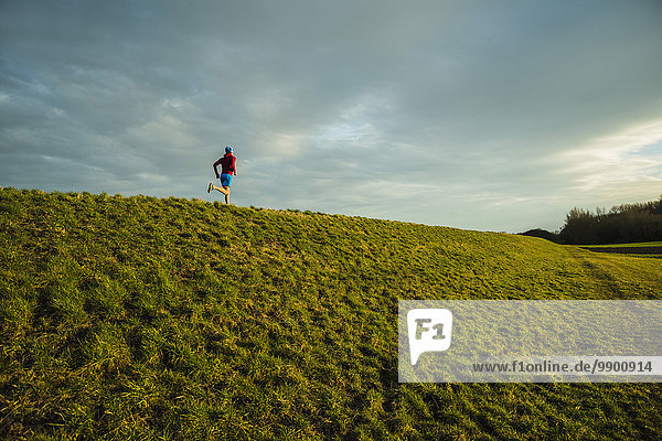 Germany  Mannheim  young man jogging in meadow