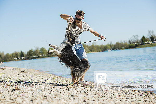Deutschland  Mannheim  junger Mann spielt mit Hund am Flussufer