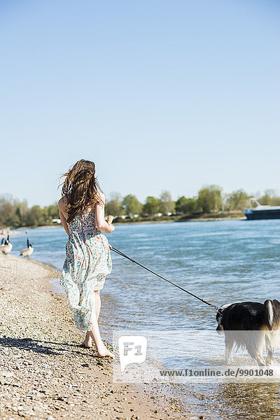 Deutschland  Mannheim  junge Frau mit Hund auf dem Rhein