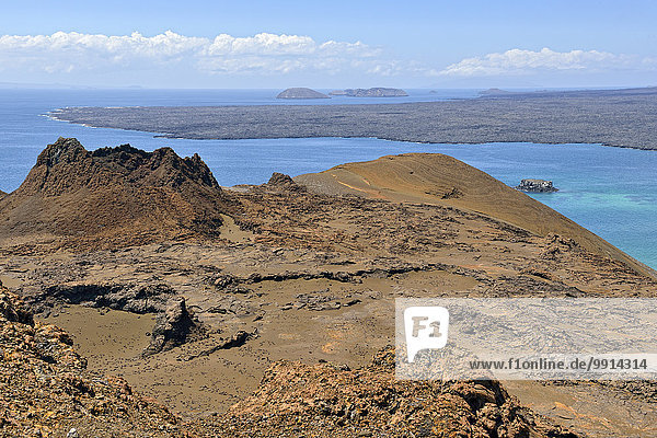 Craters and lava formations  view from the lighthouse on Bartolome Islands over parts of the western peninsula  Santiago Island  also San Salvador Island  and other islands behind  Galapagos Province  Galapagos Islands  Ecuador  South America