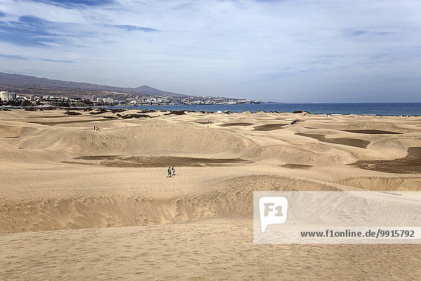 Dünenlandschaft  Dünen von Maspalomas  Naturschutzgebiet  hinten ein Teil der Hotelzone von Maspalomas und Playa del Ingles  Gran Canaria  Kanarische Inseln  Spanien  Europa