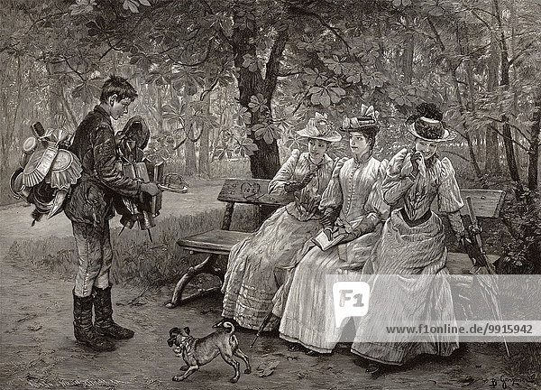Ein Hausierer bietet drei vornehmen Damen sein Sortiment an  ca. 1895  nach Genzmer  Holzschnitt