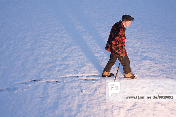 An elderly man walking in the snow using a cane  New England  USA