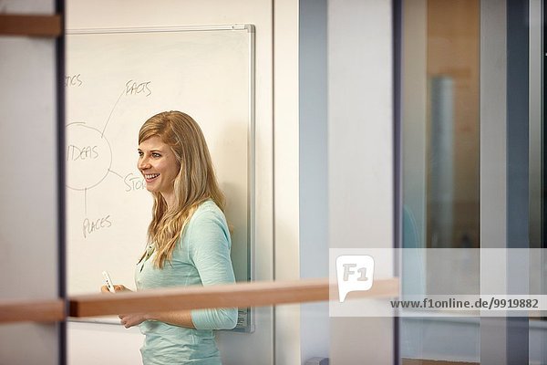Businesswoman presenting ideas on whiteboard in office