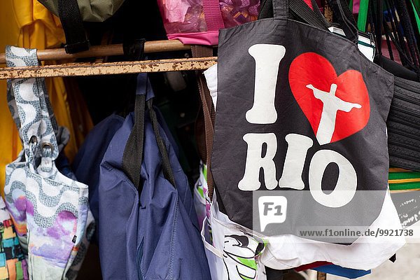 Close up of souvenir market stall Copacabana town Rio De Janeiro Brazil