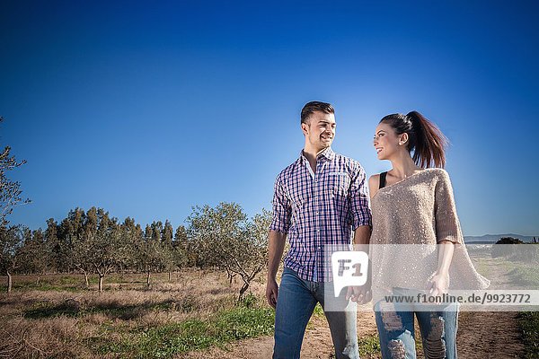 Junges Paar hält sich im Feld an den Händen