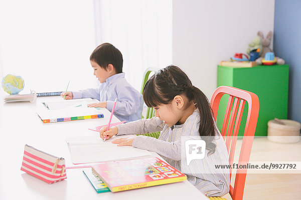Elementary age brother and sister doing homework at their desk