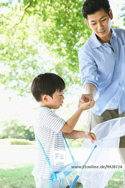 Happy Japanese father and son catching insects in a city park