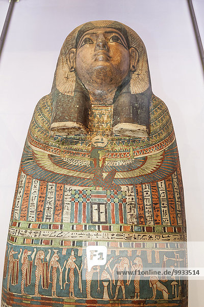 England  Manchester  city  Manchester Museum  Display of Egyptian Mummy Coffin Lid from Thebes c.747-525 BC