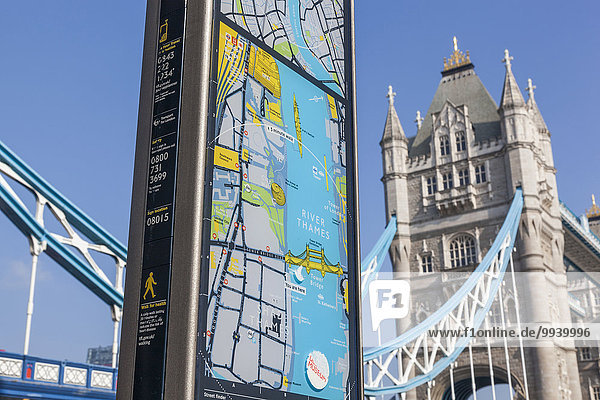 England  London  Tower Bridge and Detail of Street Map