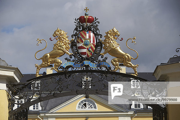 Familienwappen über dem Portal  ehemaliges Residenzschloss der Grafen und Fürsten zu Wied  Neuwied  Rheinland-Pfalz  Deutschland  Europa