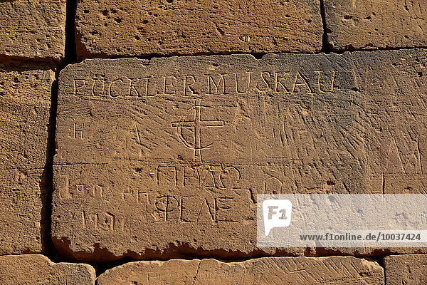 Engraved name of Prince Hermann Ludwig Heinrich von Pückler-Muskau on Hathor temple or Roman kiosk  Naga  Nubia  Nahr an-Nil  Sudan  Africa