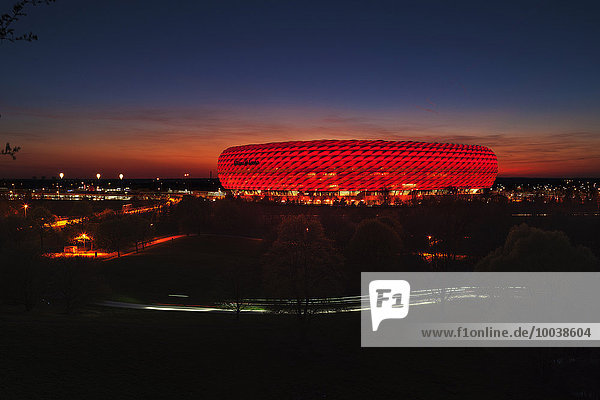 View at the illuminated Allianz Arena  Munich  Bavaria  Germany