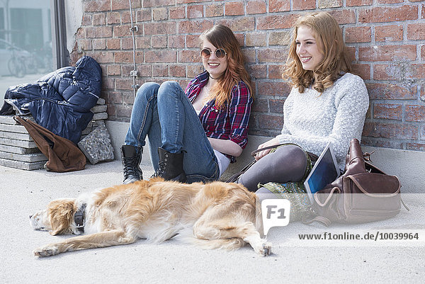 Two friends with dog in front of brick wall  Munich  Bavaria  Germany