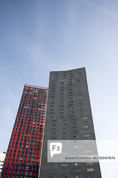 Niederlande  Rotterdam  Blick auf modernen Büroturm und Wohnhochhaus im Vordergrund