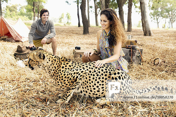 Südafrika  Frau streichelt zahmen Gepard auf der Wiese mit Mann im Hintergrund