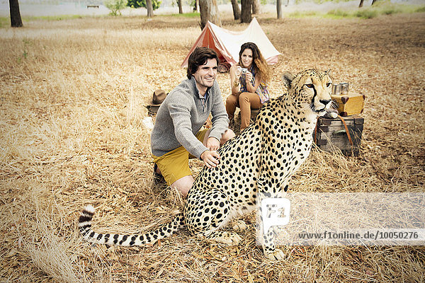 Südafrika  Mann streichelt zahmen Gepard auf der Wiese mit Frau im Hintergrund