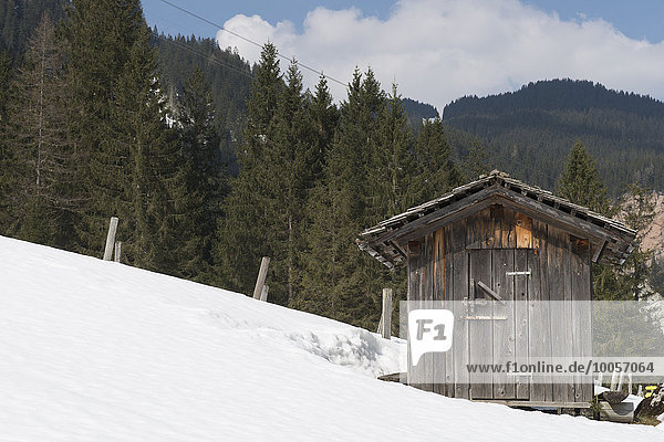 Holzhütte am verschneiten Berghang  Gosausee  Österreich