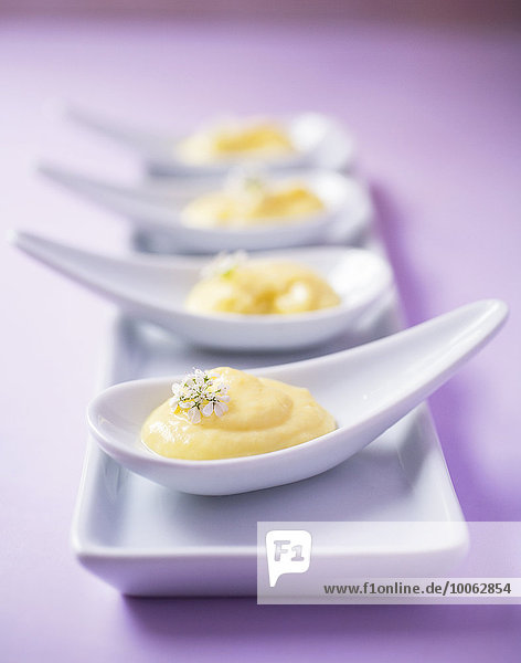Vier Pudding-Desserts auf Porzellanlöffeln