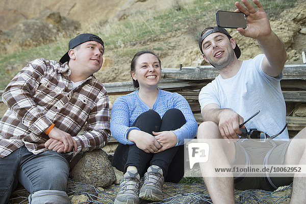Friends taking selfie  Smith Rock State Park  Oregon