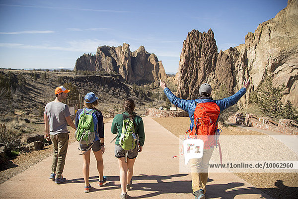 Backpackers on vacation  Smith Rock State Park  Oregon