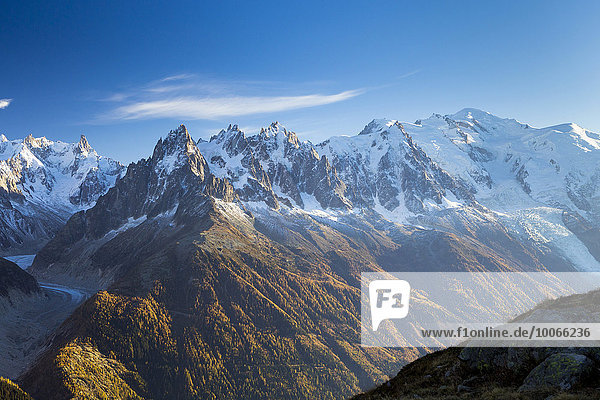 Mont Blanc mit dem Mont-Blanc-Massiv  Chamonix-Mont-Blanc  Rhône-Alpes  Frankreich  Europa