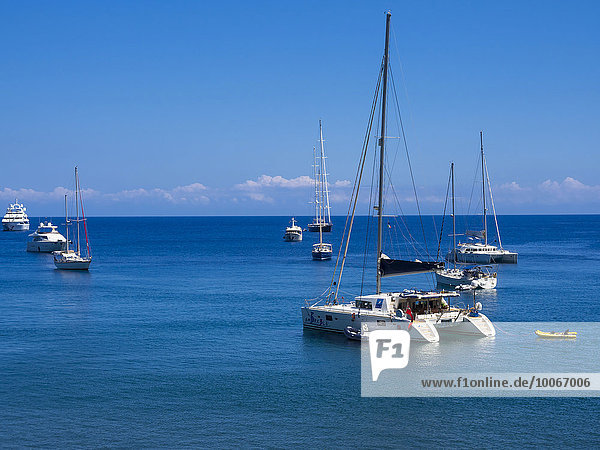 Bay with yachts off the coastal town of Panarea  Aeolian or Lipari Islands  Sicily  Italy  Europe