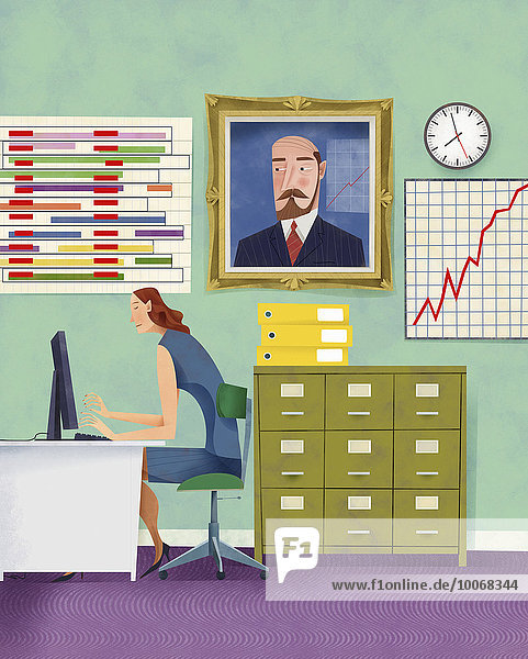 Gemälde eines Managers,  der eine Geschäftsfrau bei der Arbeit am Schreibtisch beobachtet