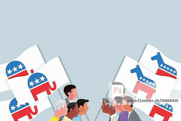 Wahlkämpfer der Republikaner und Demokraten tragen Schilder mit Elefanten- und Esels-Symbolen