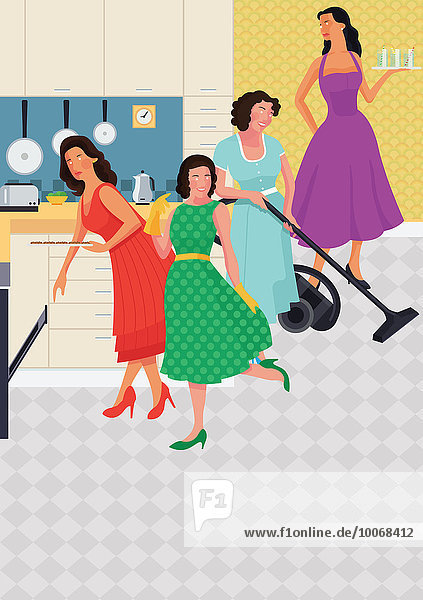 Frauen als stereotype Hausfrauen kochen und putzen