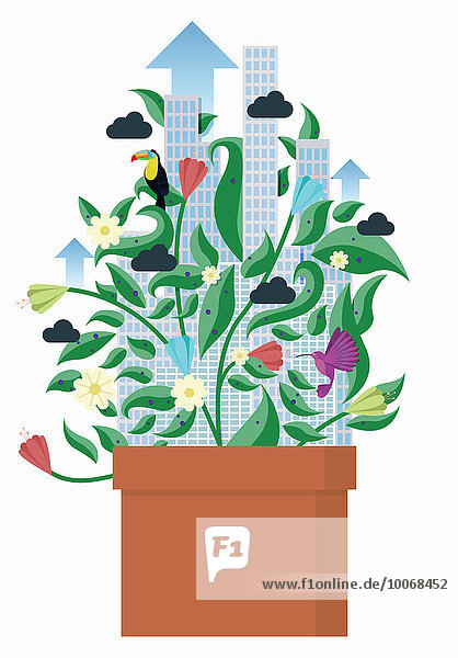 Wolkenkratzer wachsen aus einer Topfpflanze