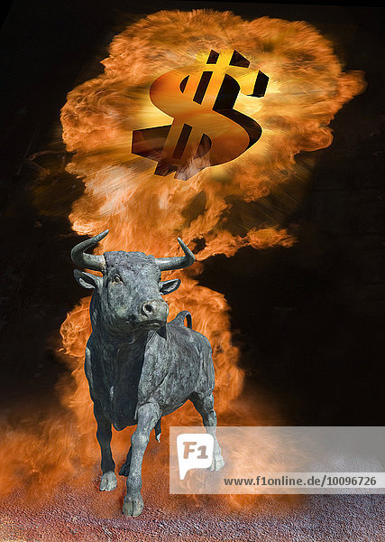 Bull with dollar signs in firestorm  bull market symbolic picture  rising prices