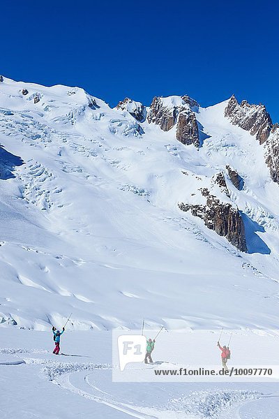 Three adult skiers celebrating on Mont Blanc massif  Graian Alps  France