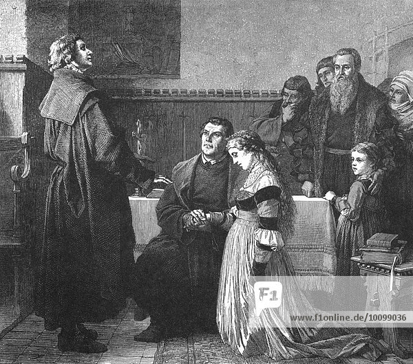 Martin Luther heiratet Katharina von Bora  links Stadtpfarrer Bugenhagen  rechts Trauzeugen Dr. Jonas  Abel und der Maler Lucas Cranach  historische Darstellung