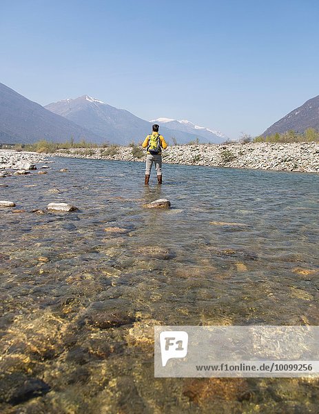 Rear view of young male hiker crossing Toce river  Vogogna  Verbania  Piemonte  Italy